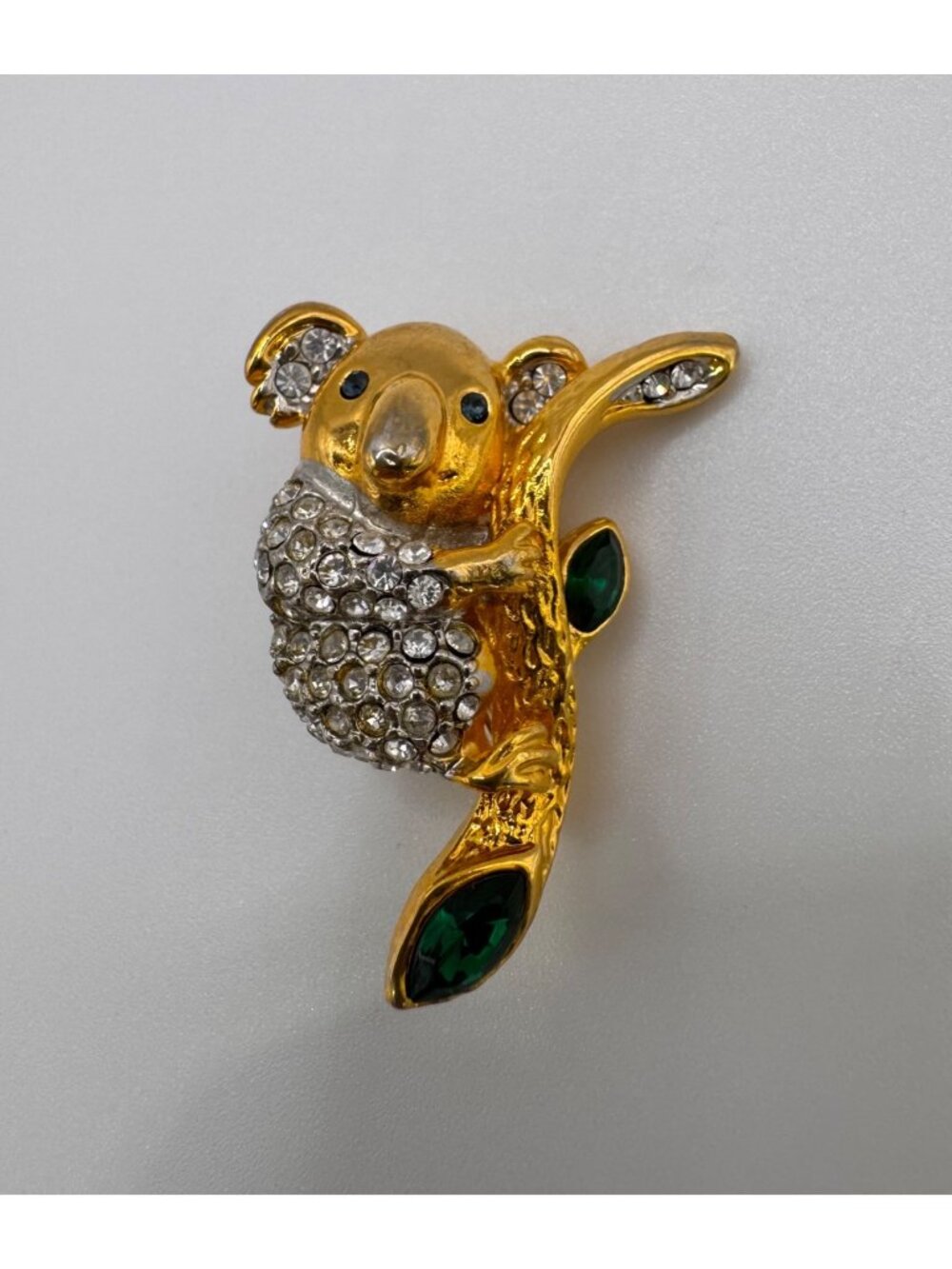 Vintage Gold Tone Koala Brooch Rhinestone Pave Emerald Glass Leaves Cute
